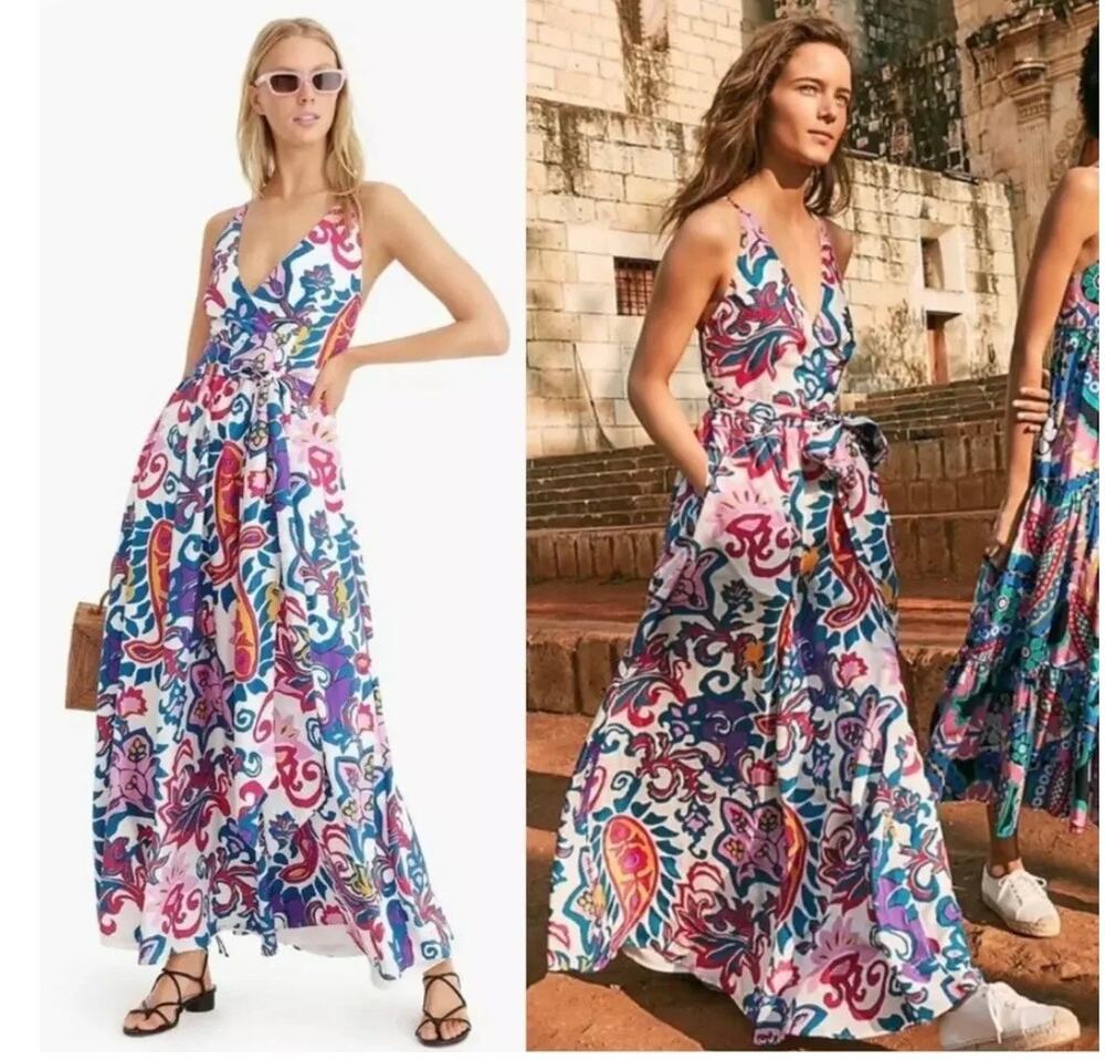 J.Crew Silk V-Neck Maxi Dress in Aja Ivory Painted Paisley Tie Waist Sz.10 NWOT